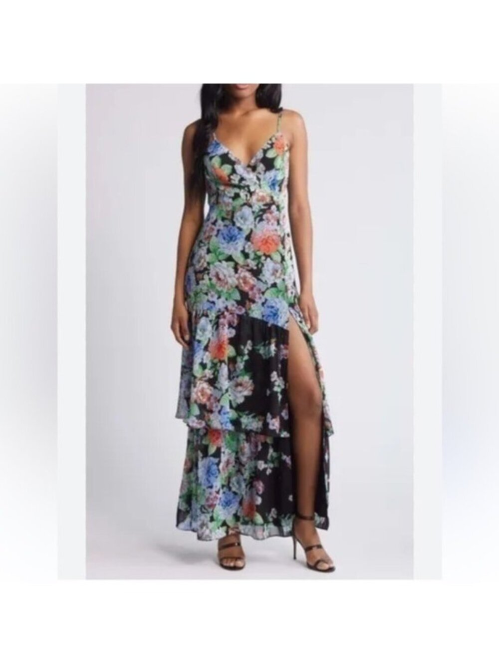Lulus Effortless Energy Floral Multi Print Asymmetrical Maxi Dress size small
